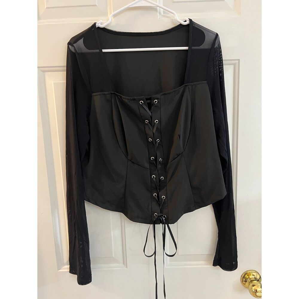 Dazy Plus Size 2XL Black Corset Lace Up Top Sheer Mesh Sleeves Goth Y2K